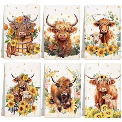 Redbaker Set of 6 Highland Cattle Kitchen Towels Highland Cow Dish Towels | Absorbent Farm Cattle Watercolor Floral Tea Hand Dishcloths Housewarming Gift for Farmhouse Kitchen - style: Highland Cattle