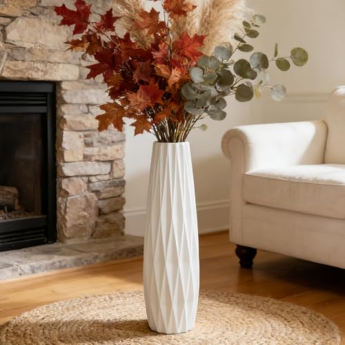 White Tall Ceramic Floor Vase, 24 Inch, Ribbed Design, Large Decor | Glossy Glazed Finish, Living Room, Fireplace, Entryway, Pampas Grass - color: Ten Stripes, size: Height-24 Inch