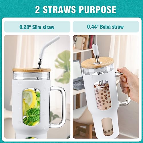 WINSA Glass Tumbler with Lid and Straw, 46 oz, White | Iced Coffee Cup with Handle, Large Water Bottle with Silicone Sleeve, Pearl Straw & Drinking Straw, BPA Free - color: White, size: 46 Ounces