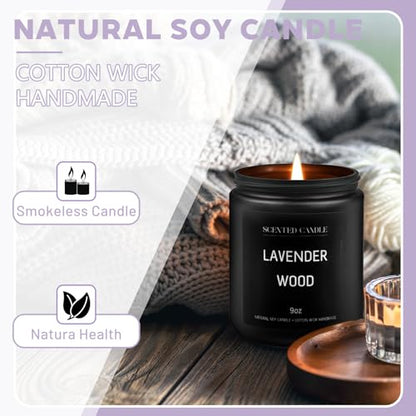 Lavander Wood Scented Candles for Home Scented Aromatherapy Candles, Hand-Poured, 9 OZ, 50H Clean Burn,Soy Wax Candle Gift Set for Women Men