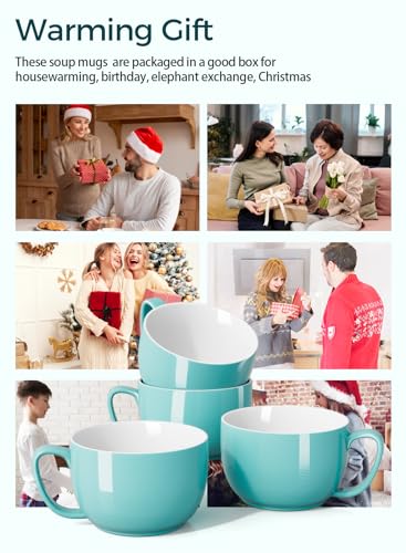 Teocera 24 oz Soup Bowls with Handles, Porcelain Large Coffee Mug Set, Jumbo Mugs, Soup Bowls Mugs set of 4 for Coffee, Oatmeal, Stew - Striped Design, Turquoise - color: Turquoise
