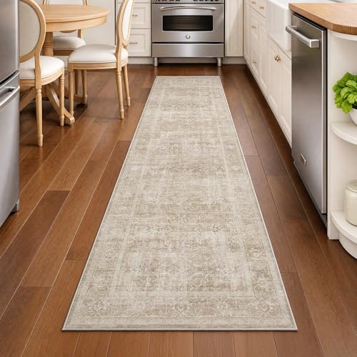Beauoop 2x8 Hallway Runner Rug Washable Beige Neutral Vintage Distressed | Cream Retro Non Slip Low Pile Oriental Soft Thin Indoor Carpet Rug Entryway Entrance Kitchen Laundry Bedroom Bathroom Bedside - color: Beige, size: 2' x 8' (Rectangular)