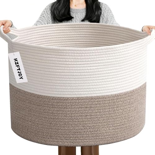 90L Woven Blanket Basket,Extra Large Laundry Basket-White & Brown | Collapsible Nursery Storage Bin with Sturdy Handles, Organizes Clothes, Toys and Pillows for Living Room, Bedroom, Bathroom - color: White&Brown, size: 21.7"L x 21.7"W x 13.8"H（90L)