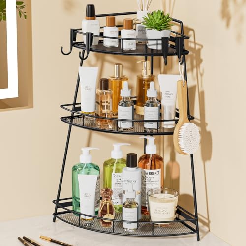 VITVITI 3 Tier Bathroom Counter Organizer Corner Vanity Shelf Storage Black | Metal Mesh Bathroom Countertop Organizer, Bath Room Sink Makeup Organizers for Skincare Perfume Lipstick, with Hooks - color: 3 Tier Black