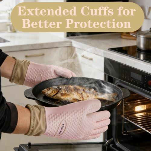 Silicone Oven Gloves with Fingers Heat Resistant 450°F in Kitchen | 1Pair Silicone Oven Mitts, Waterproof, Non-Slip, Extended Cuff Cotton Lined Kitchen Mitts for Baking Cooking Barbecue (Pink) - style: pink-large