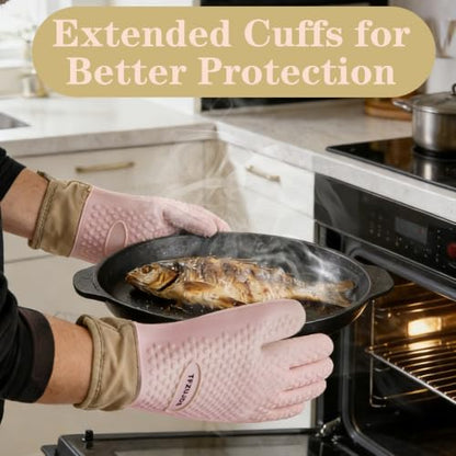 Silicone Oven Gloves with Fingers Heat Resistant 450°F in Kitchen | 1Pair Silicone Oven Mitts, Waterproof, Non-Slip, Extended Cuff Cotton Lined Kitchen Mitts for Baking Cooking Barbecue (Pink) - style: pink-large