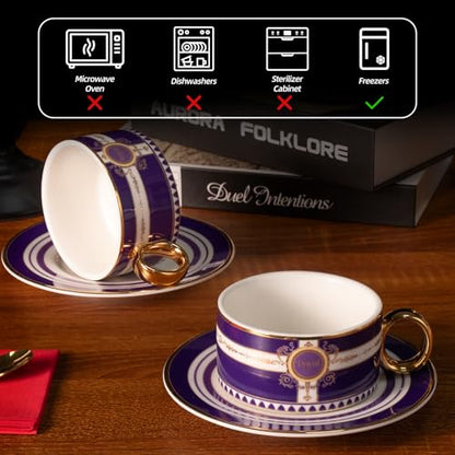 KAMMAK Tea Cups and Saucers Set of 2, Porcelain Coffee Cups, NX026 | Gold Rim, Stackable Espresso Mugs, Ceramic Demitasse for Coffee, Latte, Americano, Afternoon Tea, Elegant Gift for Women - size: 8CZNX026
