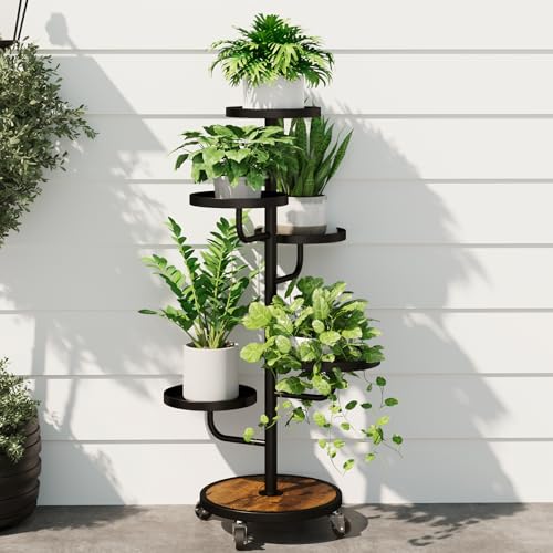 Bamworld Tall Plant Stand Indoor Outdoor Metal Plant Stands with Wheels 5 Tiered Corner Plant Holder Heavy Duty Flower Stand for Multiple Pots Planter Stand for Patio Balcony Living Room (Black) - color: Black
