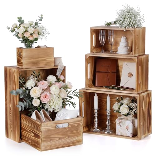 AceOrbit Set of 6 Wood Crates with Handles, Rustic Decorative Storage Boxes Distressed Wooden Nesting Display Baskets for Farmhouse, Wedding, Party Storage Display Supplies(Light Brown) - color: Light Brown