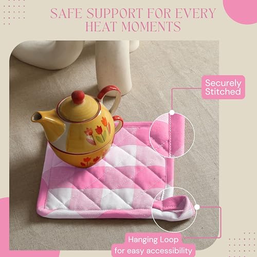 Buffalo Plaid Check Oven Mitts and Pot Holders Set, 100% Cotton, Heat Resistant, 2 Oven Gloves (7x13 Inches) and 2 Hot Pads (8x8 Inches) for Cooking and Baking, Rose Pink White - color: Rose Pink, Buffalo Plaid