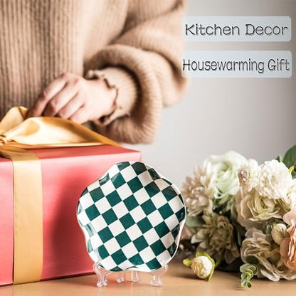 Miamolo Checkered Spoon Rest for Stove Top, Spoon Holder Keeps Area Cleaner | 5.3" Fits Cooking Ladles & Spatulas | Ceramic Heat-Resistant, Dishwasher Safe | Range, Kitchen Counter Use, Housewarming Gift - color: Green-White