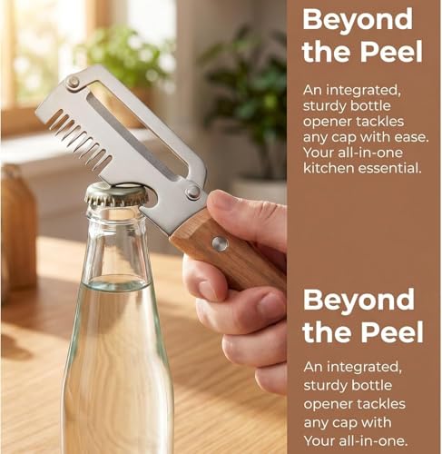 2Pack MultiFunctional Vegetable Peeler,3 in 1 Multi Functional Wooden Handle Peeler and Bottle Opener, Kitchen Gadgets Tool for Fruit Pumpkin Peeling Potato Carrot Veggie Peeler