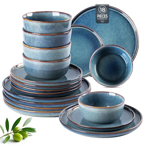 AmorArc Stoneware Dinnerware Sets for 6, 18Pcs Plates and Bowls Sets Dishes | Ceramic Round Reactive Glaze Dishes Set, Highly Scratch Resistant | Dishwasher & Microwave Safe Dishware - color: Ceylon Blue, size: Service for 6
