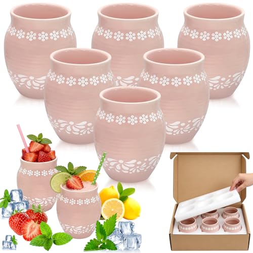 Mexican Style Ceramic Small Vases, 6-Pack Pink Flower Pots with Hand-Painted Daisy & Leaf Patterns, 16oz Decorative Vases for Home Decor, Party Centerpieces, Succulents & Crafts - color: Pink
