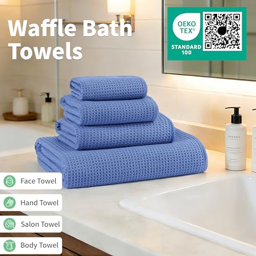 MICROFI Waffle Weave Bath Towel Set, Microfiber, 4 Pieces (Body/Hair/Hand/Face), Quick Dry, Lightweight, Super Absorbent, Lint Free, 380 GSM (Dark Blue) - color: Dark Blue