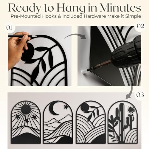 GALLERY GRACE Metal Wall Art Decor – 11" x 16", 4Pc Single Line Abstract Wall Art for Living Room, Bedroom, Office – Boho Minimalist Black Wall Decor Featuring Sun, Moon, Landscape & Desert Panels | 11 x 16 In Panels, Sun, Moon, Landscape and Desert Desig
