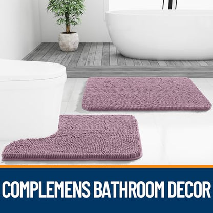 OLANLY Chenille Bathroom Mat and Toilet Rugs U-Shaped, Bath Mat Size 36x24 and Bathroom Rugs Sets Size 30x20+24x20 in Deep Plum, 3 Item Bundle