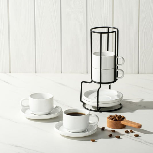 ONEMORE 2.5 Oz Espresso Cups Set of 4, Stackable Porcelain Coffee Cups with Saucers and Metal Stand, White Demitasse Mugs for Espresso, Cappuccino, Latte, Microwave & Dishwasher Safe - color: White