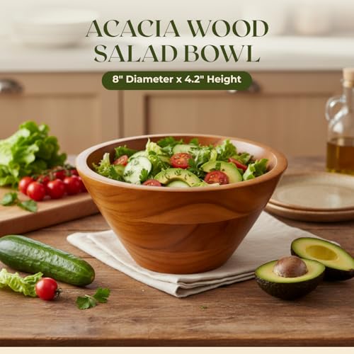 Aurah Salad Bowl, 2.3 Qt Acacia Wood Mixing & Serving Bowl, Small Size | Kitchen & Outdoor Dining Wooden Bowls for Salad, Pasta and Fruits, 8" Diameter x 4.2" Height - size: Small