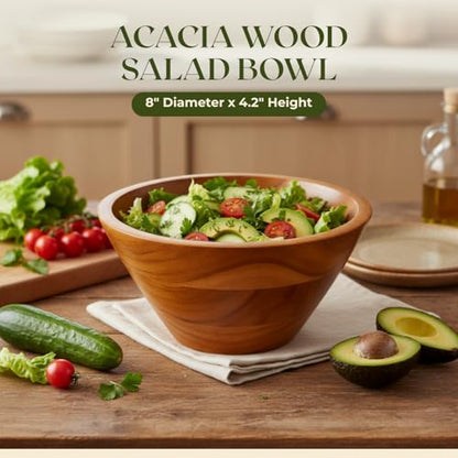 Aurah Salad Bowl, 2.3 Qt Acacia Wood Mixing & Serving Bowl, Small Size | Kitchen & Outdoor Dining Wooden Bowls for Salad, Pasta and Fruits, 8" Diameter x 4.2" Height - size: Small