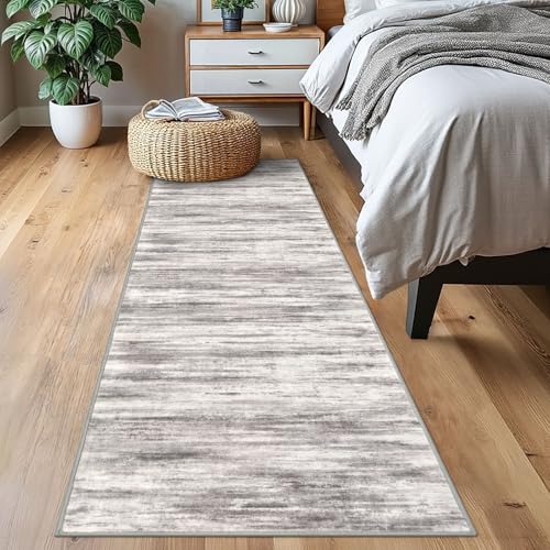 KOZYFLY Modern Abstract Washable Rug Runner 2x7 Hallway Runner Rug Non-Slip Soft Kitchen Runner Rugs, Print Grey/Light Beige/Brown Striped Carpet Runner for Entryway Bathroom - color: Grey/Light Beige/Brown, size: 2' x 7' (Runner)
