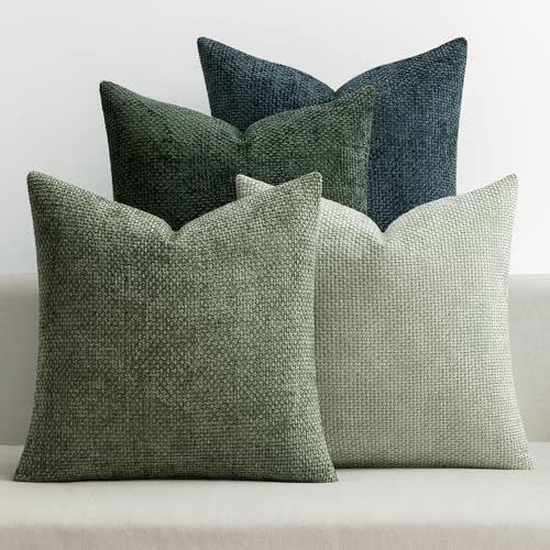 MIULEE Soft Decorative Chenille Pillow Covers Green Navy 18x18 Pack of 4 | Nordic Home Decor, Moody Green–Navy Set, Couch Throw Pillows, Farmhouse Boho Cushion Covers for Sofa Bed Living Room - color: Green Forest, size: 18" x 18" (Pack of 4)