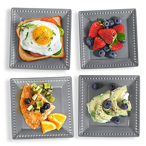 Embossed Appetizer and Dessert Plates, Set of 4, 6 inch Grey Square Dinner Plates for Snack and Restaurant, Dishwasher, Microwave Safe - color: 6 inch-Grey- Dot-4pcs