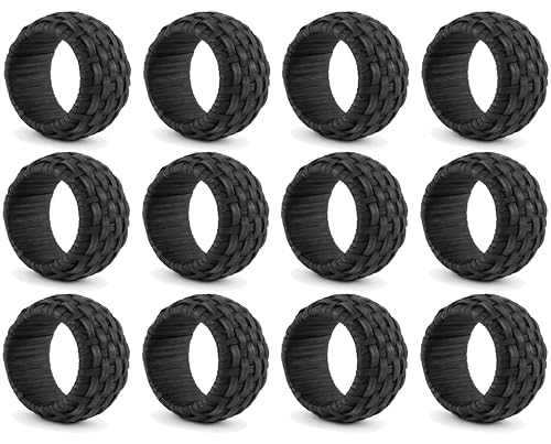 Artisan Cane Napkin Rings Set of 12, Earthy Woven Dinner Napkin Holders, Natural Bohemian Farmhouse Table Accessory for Dinner Parties & Everyday Use (Black) - ALPHA Living HOME - color: Black, size: 12- Pack