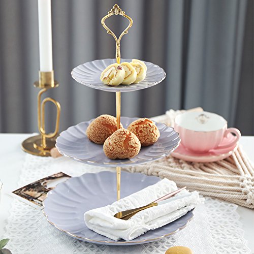 Sweejar 3 Tier Ceramic Cake Stand Wedding, Dessert Cupcake Stand for Tea Party Serving Platter (Purple) - color: Purple