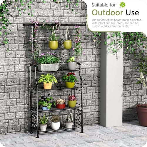 GIOTORENT Plant Stand Indoor Outdoor, 4-Tier Heavy Duty Metal Shelves, Display up to 17 Multiple Plants, Tall Plant Holder with Plant Hanger, Suit for Patio Living Room Garden Balcony, 5 Hooks, Black - size: B-4Tier-Hanger