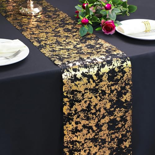 Snowkingdom Black and Gold Table Runner 100 Feet Glitter Golden Metallic Table Centerpieces Foil Runners Party Decorations for Graduation Birthday Retirement Wedding Christmas Halloween Thanksgiving - color: Black Gold, size: 100FT