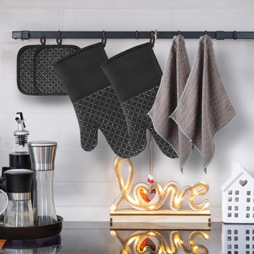 Philorn Oven Mitts and Pot Holders Kitchen Oven Glove | High Heat Resistant 260℃ Extra Long Oven Mitts and Potholder with Non-Slip Silicone Surface for Baking, Cooking, BBQ (Black) - color: Black