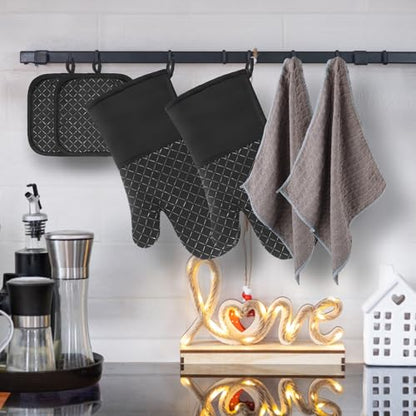 Philorn Oven Mitts and Pot Holders Kitchen Oven Glove | High Heat Resistant 260℃ Extra Long Oven Mitts and Potholder with Non-Slip Silicone Surface for Baking, Cooking, BBQ (Black) - color: Black