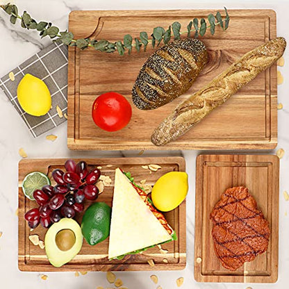 Acacia Wood Cutting Board Set with Juice Groove (3 Pieces), Organic Wooden Cutting Boards for kitchen, Butcher Block Cutting Board for Meat, Vegetable, Wooden Chopping Board 15x10, 12x8, 9x6 inch - color: Light Brown
