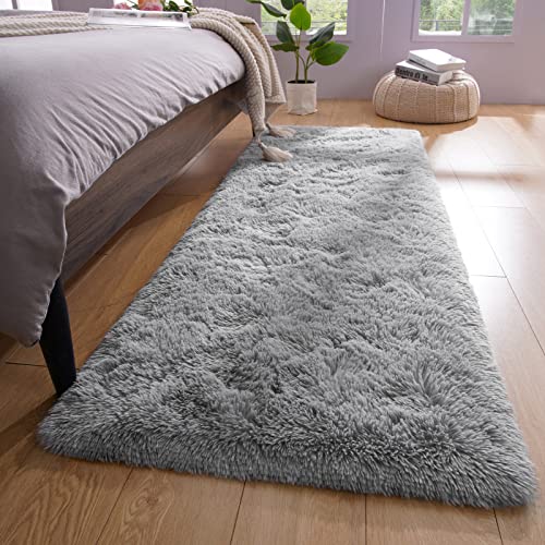 YJ.GWL Shag Runner Rug Non Slip for Bedroom Living Room Soft Small Rugs for Dorm, 2x6 Feet Grey Plush Carpet Runner for Nursery Dorm, Fuzzy Bedside Rug for Kids Boys Girls Room Home Decor - color: Grey, size: 2' x 6' (Rectangular)