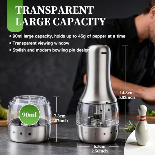 Electric Salt and Pepper Grinder Set - Larger Capacity Pepper Mill | Stainless Steel Automatic Salt and Pepper Shakers - 5 Adjustable Coarseness Rechargeable Pepper Grinder with LED Light