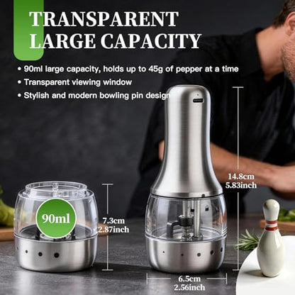 Electric Salt and Pepper Grinder Set - Larger Capacity Pepper Mill | Stainless Steel Automatic Salt and Pepper Shakers - 5 Adjustable Coarseness Rechargeable Pepper Grinder with LED Light