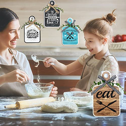4 Pcs Wooden Kitchen Sign Rustic Kitchen Wall Decor | 3.5 x 5.9 Inch, Farmhouse Cutting Board Eat Sign Decor, Wood Wall Art Hanging Plaques for Home Dining Living Room Cafe