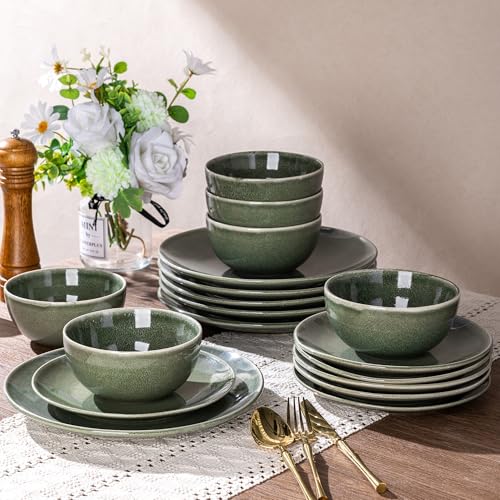 AmorArc Ceramic Dinnerware Sets for 6, 18 Pieces Handpainted Plates and Bowls Set, Scratch Resistant Stoneware Dishes Set, Dishwasher & Microwave Safe, Jade Green - color: Jade Green, size: Service for 6