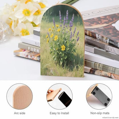 Personalized Wood Book Ends Metal Base Wildflower Bouquet Art Printing Bookend Modern Heavy Duty Bookends for Home Or Office 1 Pair - color: Wildflower Bouquet Art