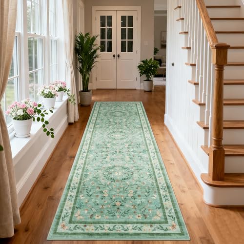 GarveeHome Hallway Runner Rug 2x10 for Bedroom Hallway Vintage Entry Rug | Machine Wahsable Low Pile Kitchen Rug Non Slip Foldable Bug Rug for Laundry Room Dorm Stain Resistant Floral Carpet, Green - color: Green, size: 2'x 10'(Runner)