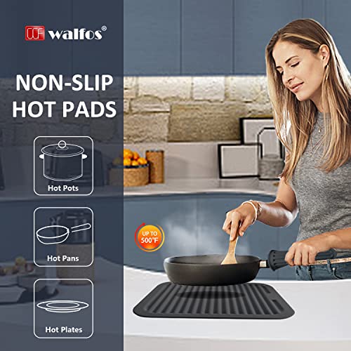 Walfos Trivets for Hot Dishes, Multi-Purpose Silicone Pot Holders, Hot Pads for Kitchen Hot Pots and Pans, Heat Resistant Silicone Mats for Kitchen Countertops, Non-Slip, 2 Pack, Black - style: 8.5x11in, 2 Black Rectangle
