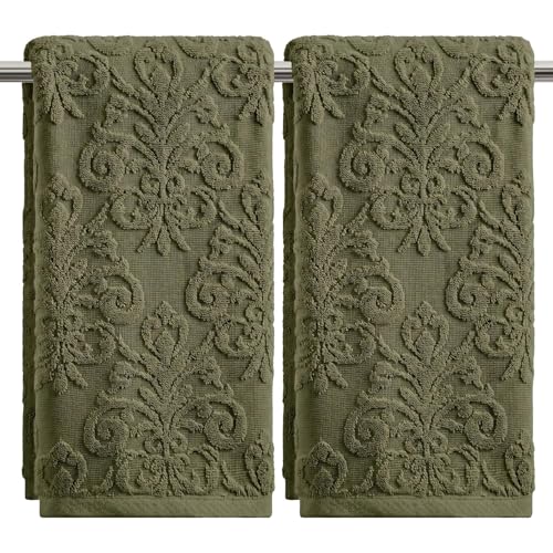 Artoid Mode 2 Pcs Olive Green 3D Vintage Floral Hand Towels for Bathroom, 100% Cotton Soft Absorbent Bathroom Decor Towels, 13.7 x 29.5 Inch - color: Olive Green, size: 13.7" x 29.5", 2PCS