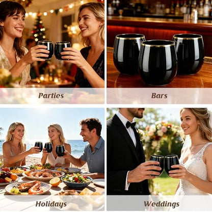 GuanQiao 24 Pack 12oz Black Plastic Wine Glasses with Gold Rim | Black Stemless Disposable Wine Cups, Shatterproof, BPA-Free Reusable Drinkware for Wedding, Party, New Year and Bridal Shower