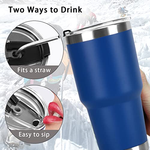 SYACOT 30oz Tumbler Double Wall Stainless Steel Vacuum Insulated Travel Mug with Splash-Proof Lid Metal Straw and Brush - color: Dark Blue-30oz