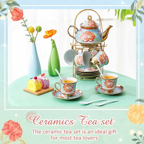Zhehao 20 Pcs Porcelain Tea Set with Metal Holder and Spoon Adult Ceramic Tea Set European Flower Painting Teapot Cup Saucer Spoon for Women Mom Gift, Large Version (Retro Style) - color: Retro Style