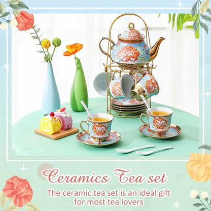 Zhehao 20 Pcs Porcelain Tea Set with Metal Holder and Spoon Adult Ceramic Tea Set European Flower Painting Teapot Cup Saucer Spoon for Women Mom Gift, Large Version (Retro Style) - color: Retro Style