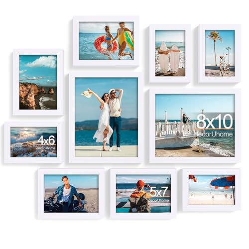 decorUhome 10 Pack Assorted Picture Frame Set for Wall & Tabletop, P0710WT | White, Multi Size Picture Frame Includes Two 8x10 / Four 5x7 / Four 4x6 for Family Gallery Wall - color: White