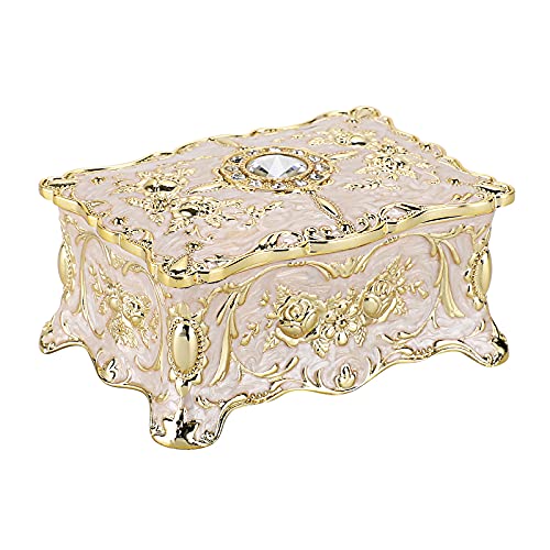 Hipiwe Small Vintage Jewelry Box Decorative Trinket Box, 3.7x 2.7x 2 inch | Enameled Metal Treasure Chest Organizer Rectangular Keepsake Box Case Wedding Christmas Gift for Women - color: Beige, size: Small