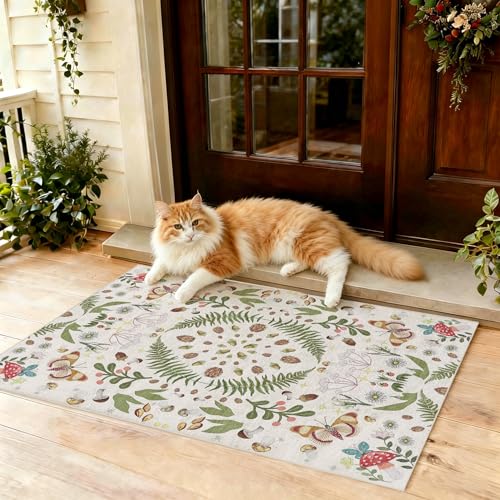 2x3 Washable Entryway Area Rug： Butterfly Non Slip Rubber Backing Indoor Doormat Soft Low Pile Ultra-Thin Stain Resistant Floor Carpet for Bedroom Kitchen Farmhouse Laundry（Beige，2x3） - color: Beige, size: 2' x 3' (Runner)